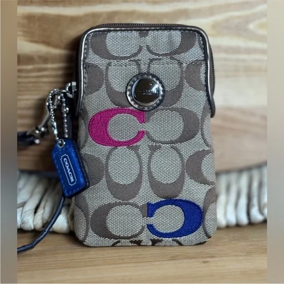 Coach Brown Signature Canvas Phone Case Mini Wristlet with Pink Red Blue Green C - Picture 1 of 15